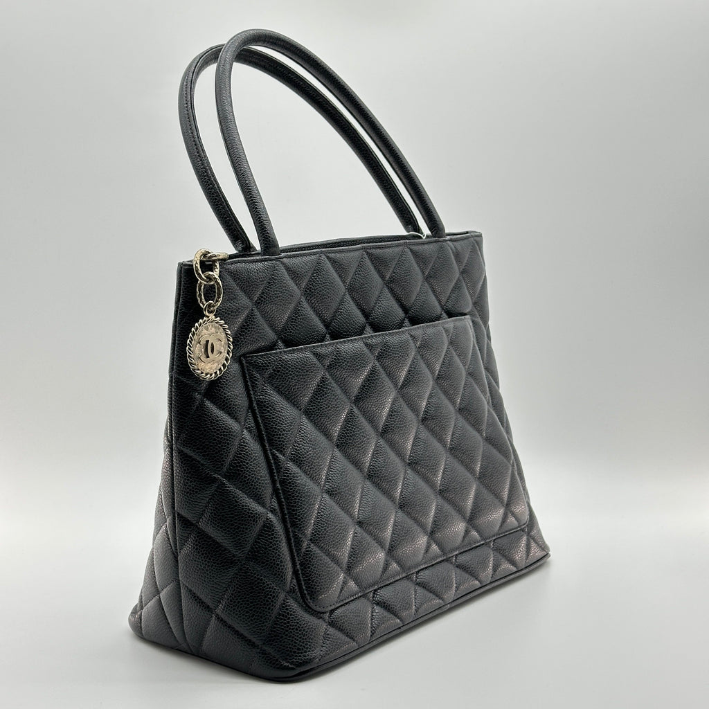 chanel black quilted caviar leather medallion tote bag
