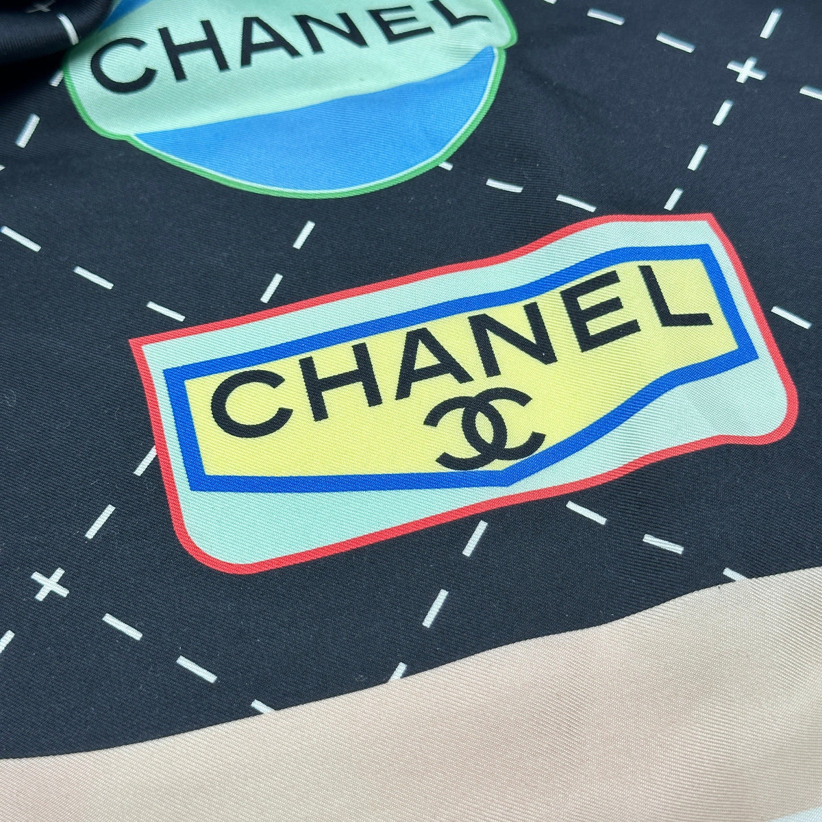 Chanel Paris Labels Print Black Beige Silk Scarf