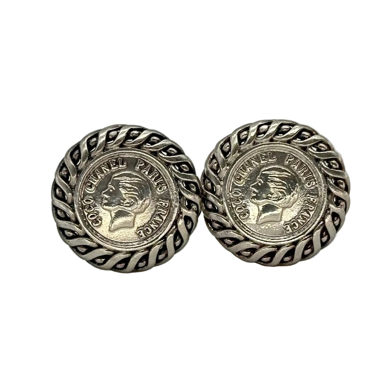 Chanel Silver Coin Clip-On Earrings with Portrait Motif vintage