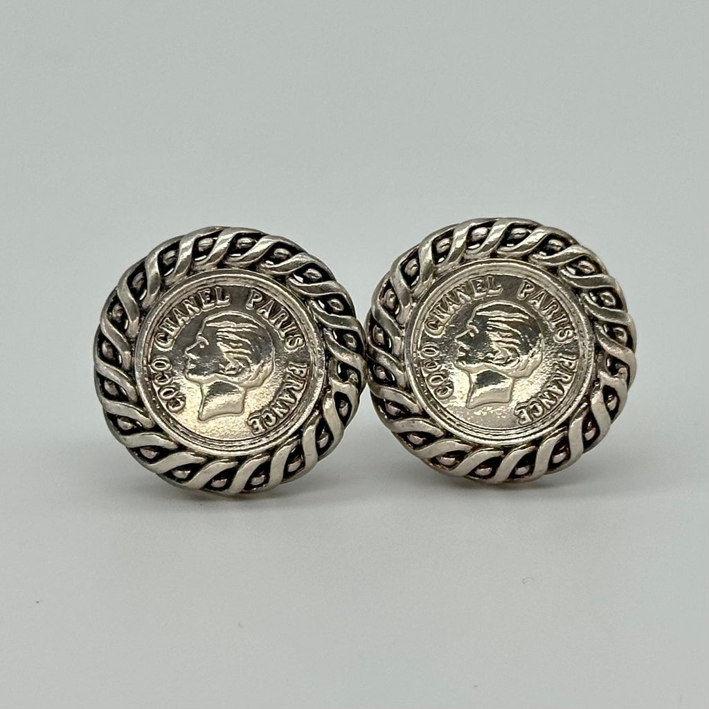 Chanel Silver Coin Clip-On Earrings with Portrait Motif vintage
