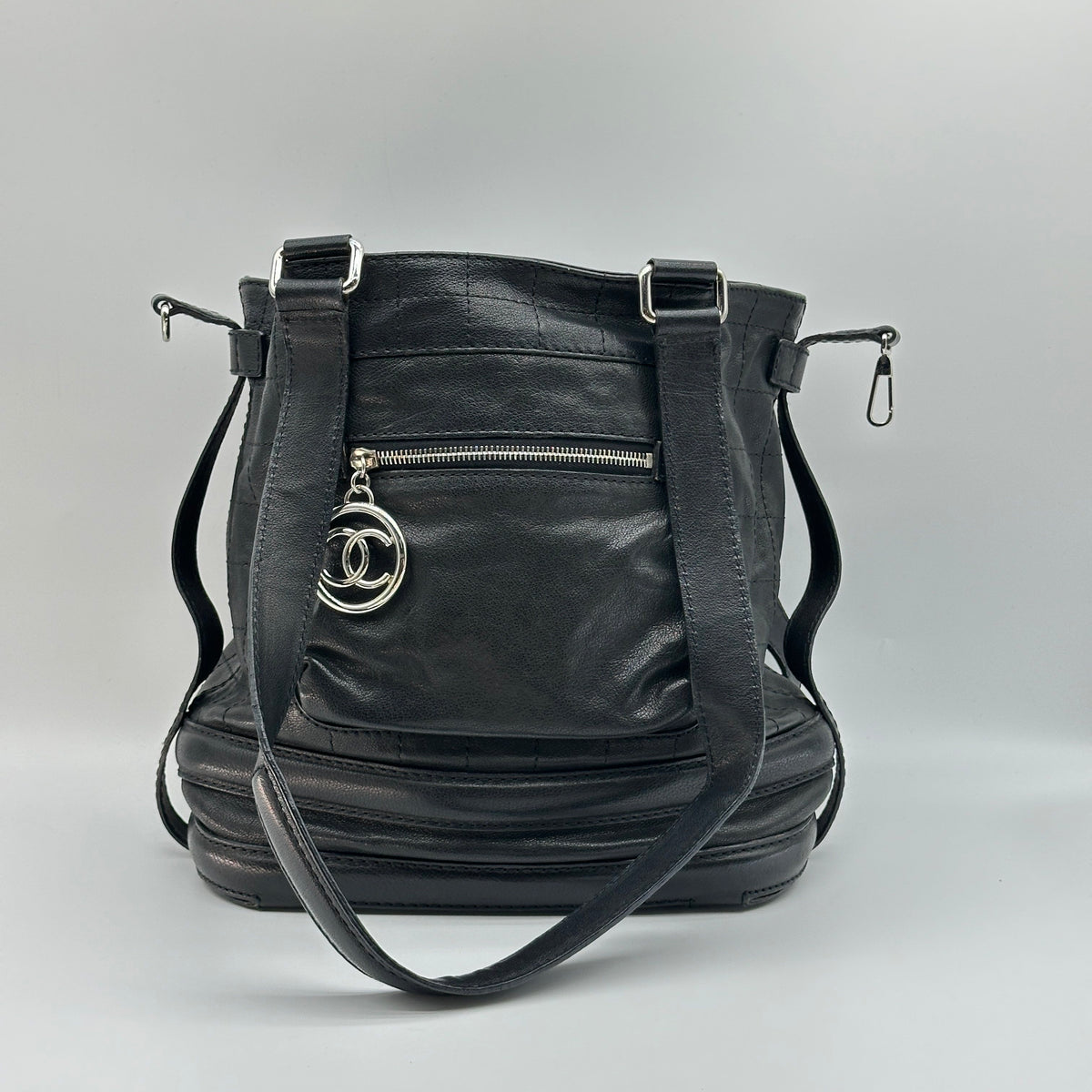 Chanel Distressed Leather CC Charm Black 2-Way Bucket Bag