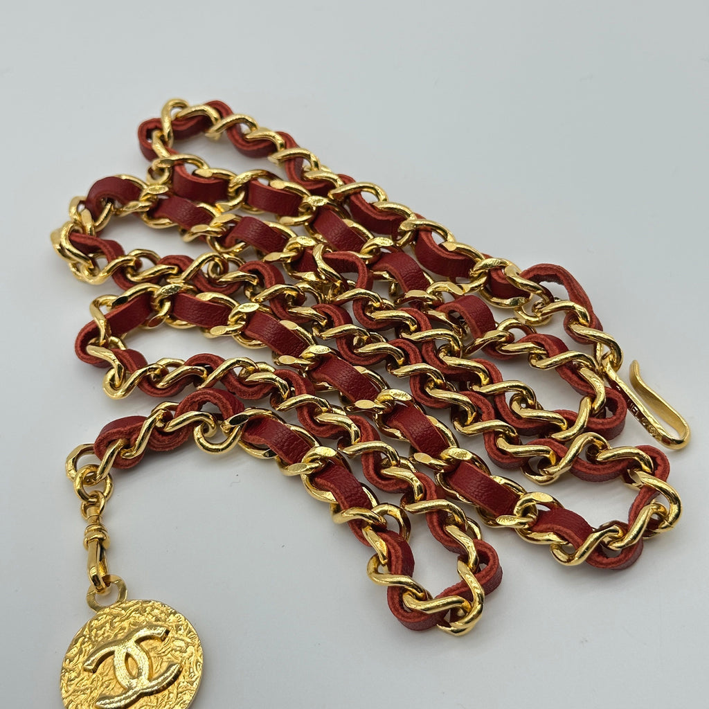 Chanel Gold Leather Chain Coco Mark Red Belt