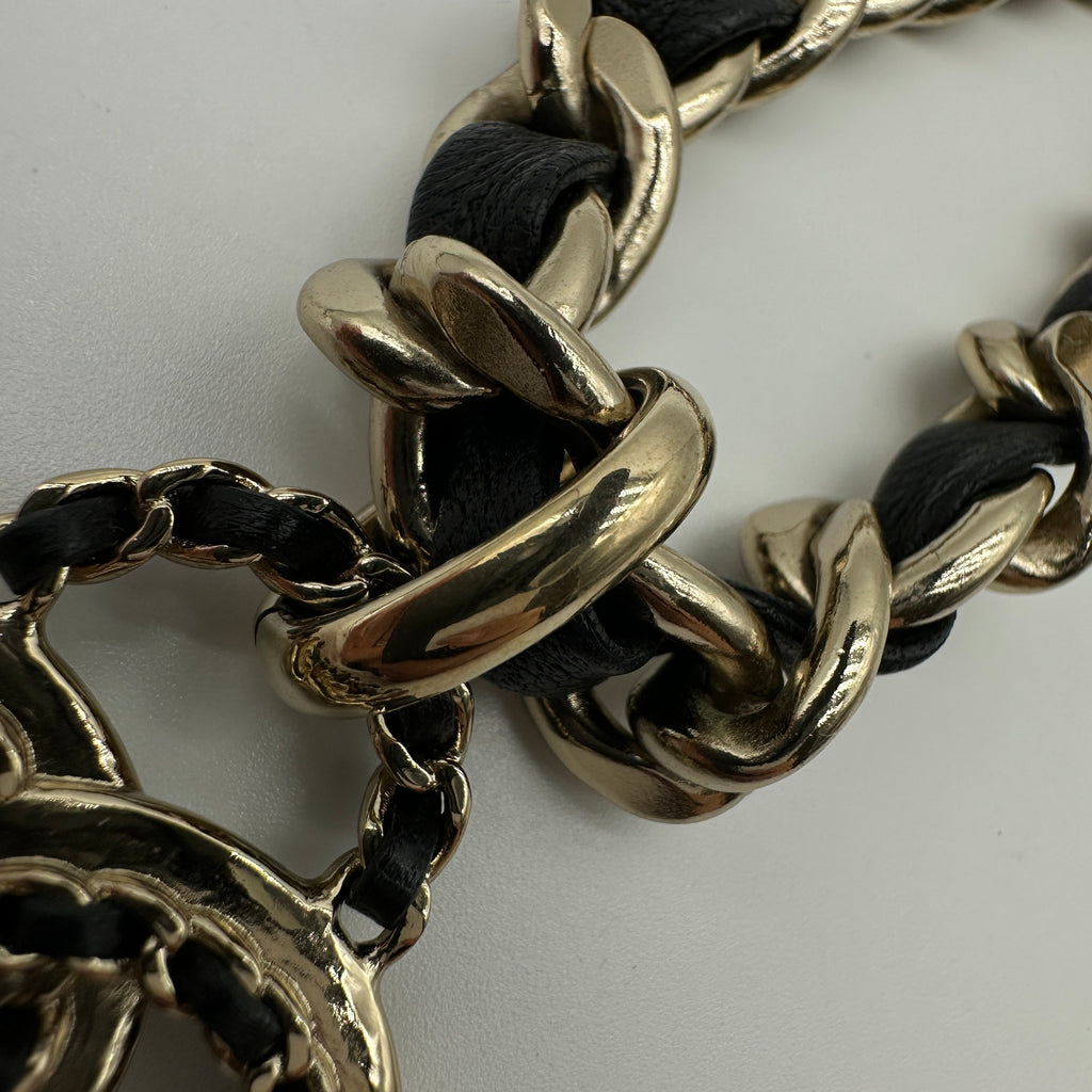 Chanel Gold-Tone Black Leather Woven Chain CC Pendant Necklace