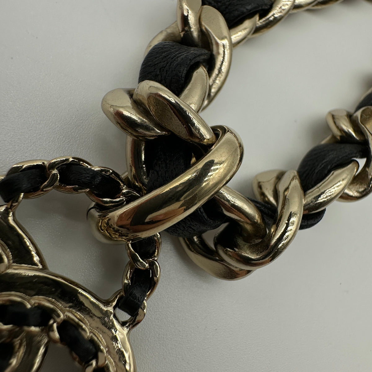 Chanel Gold-Tone Black Leather Woven Chain CC Pendant Necklace