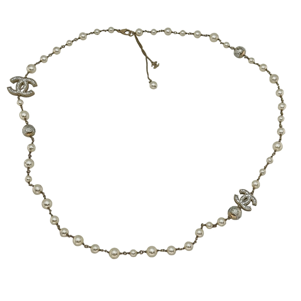 Chanel Double C Pearl Sweater Chain Necklace
