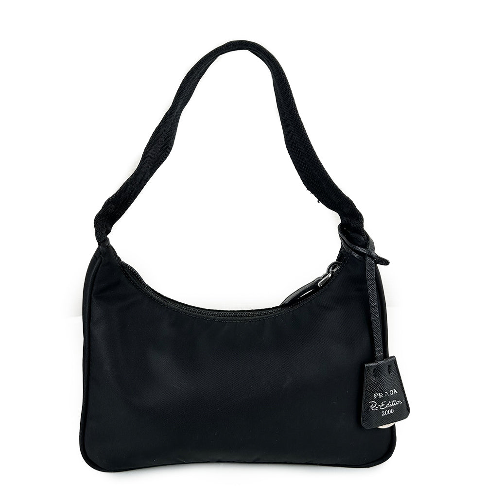 Prada Nylon Hobo Shoulder Bag Black Silver Triangle Logo Top Handle Bag