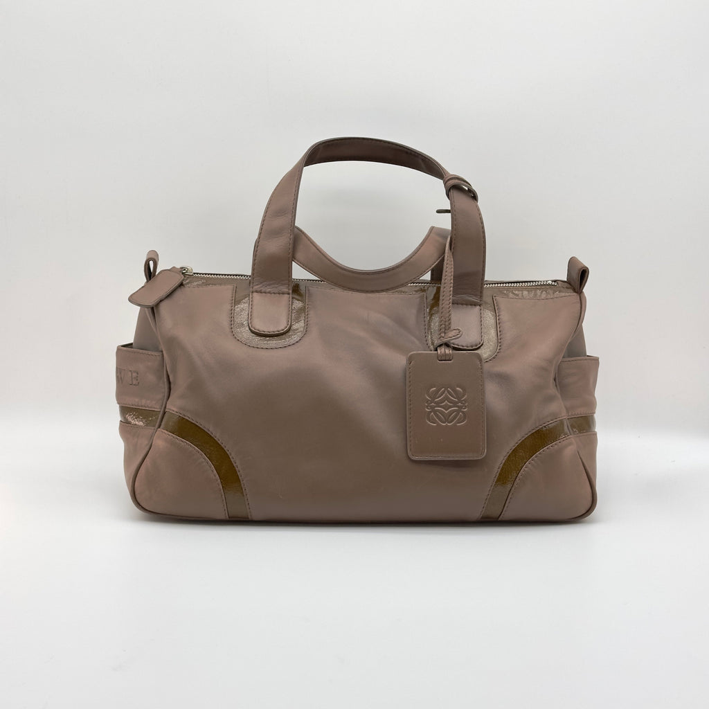 Loewe Nylon and Leather Anagram Small Beige Boston Bag