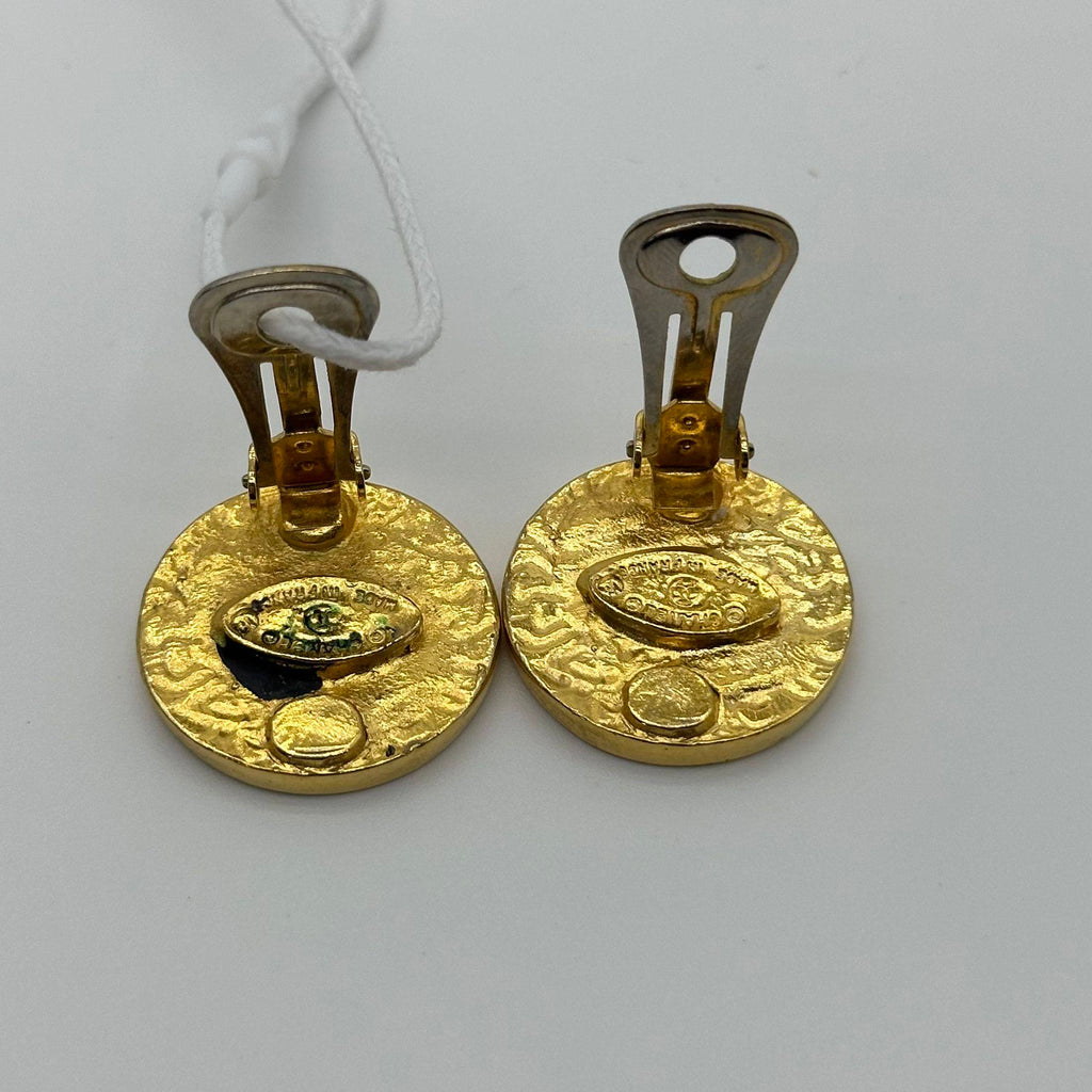Chanel Gold Medallion Black Logo Clip-On Earrings Vintage