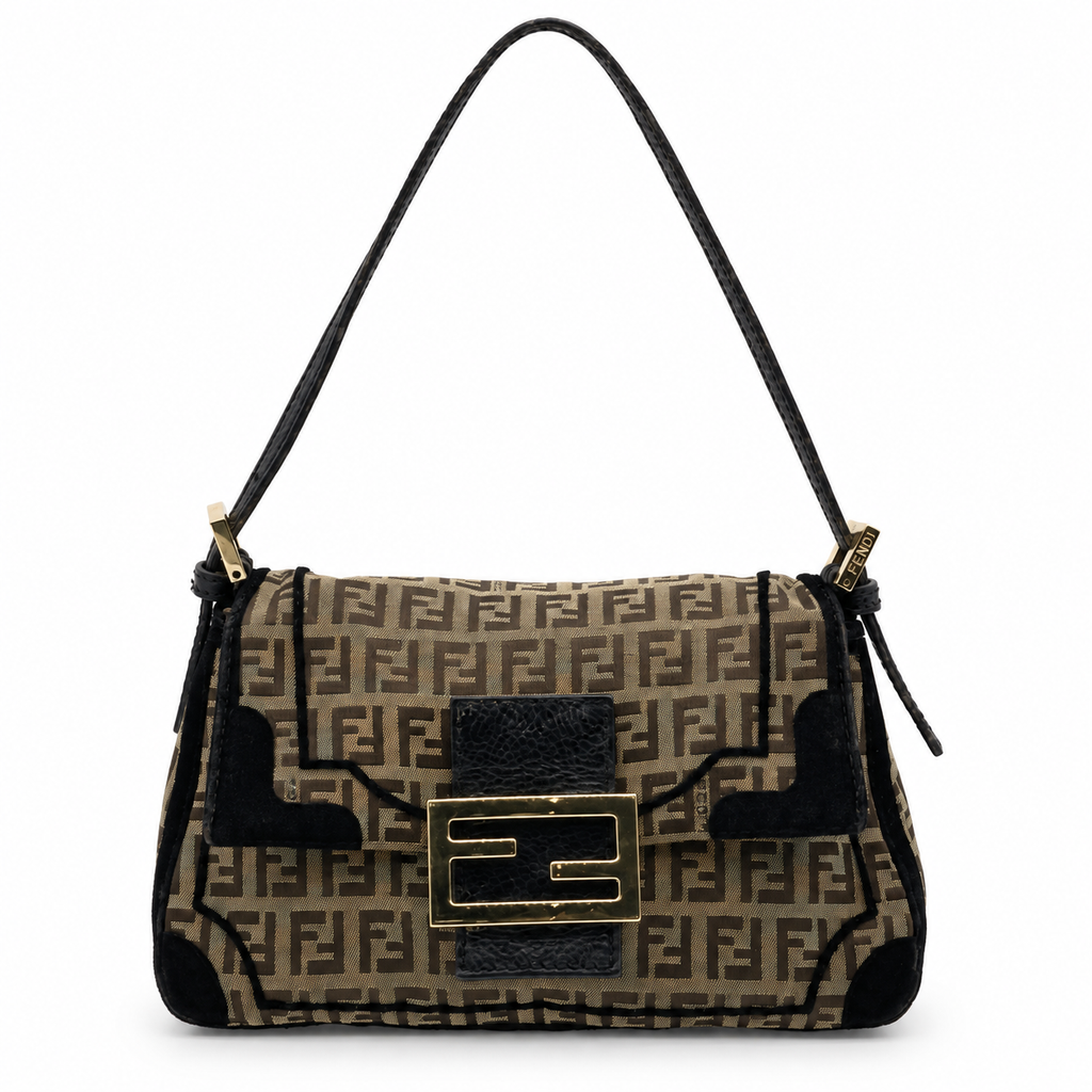 Fendi Zucchino Canvas Mamma Baguette Brown Shoulder Bag
