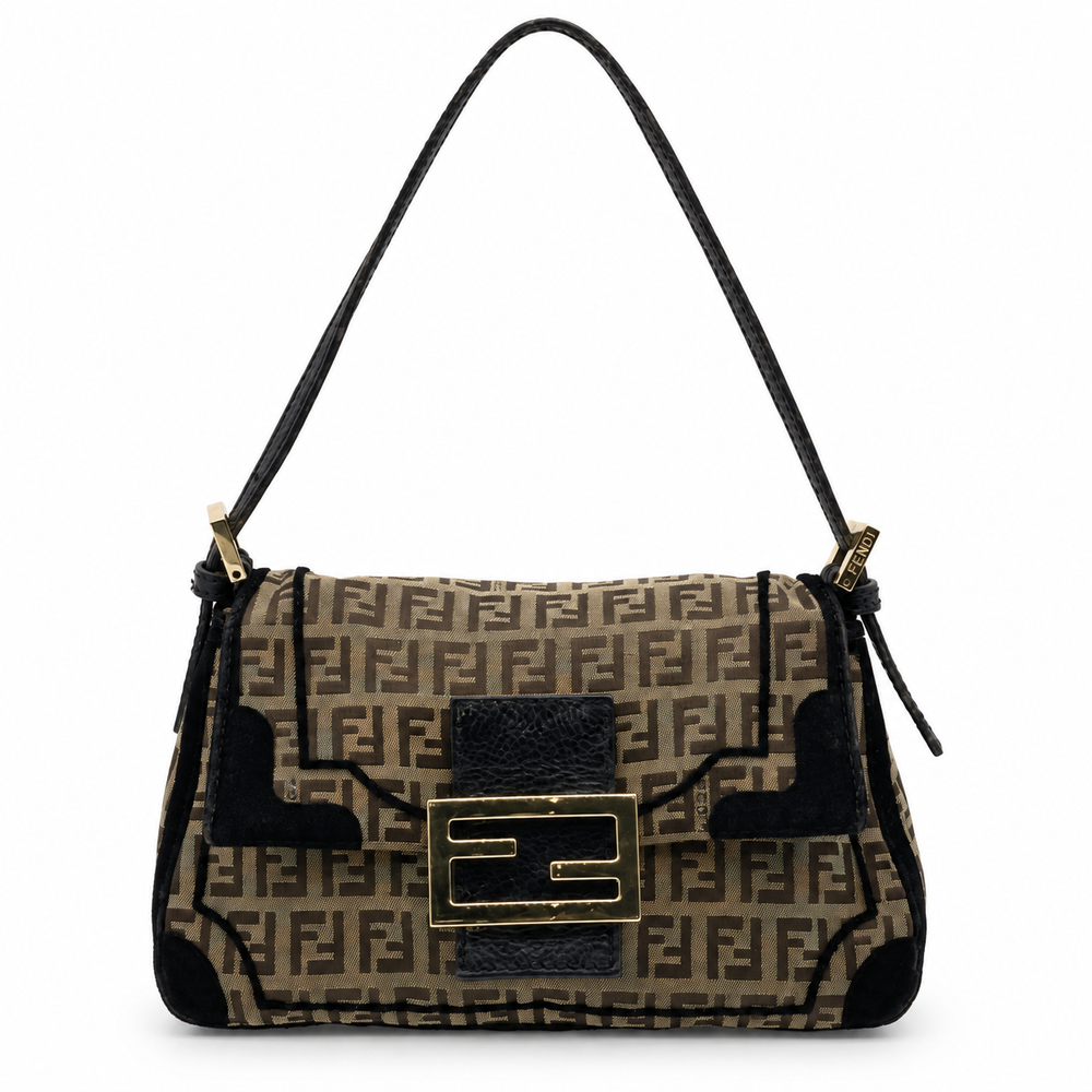 Fendi Zucchino Canvas Mamma Baguette Brown Shoulder Bag