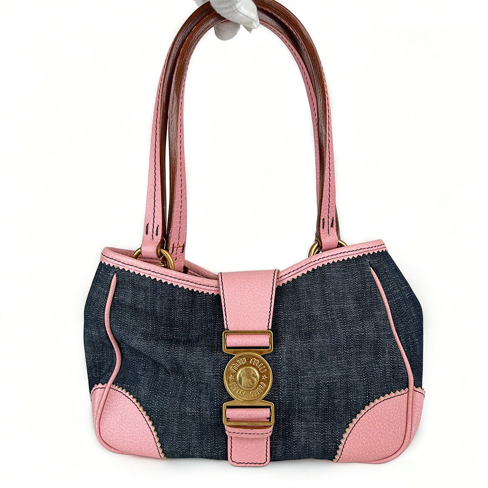 Miu Miu Denim Sac fourre-tout en cuir Matériel de pièce d'or Rose 2Way Sac à main à bandoulière Sac décontracté