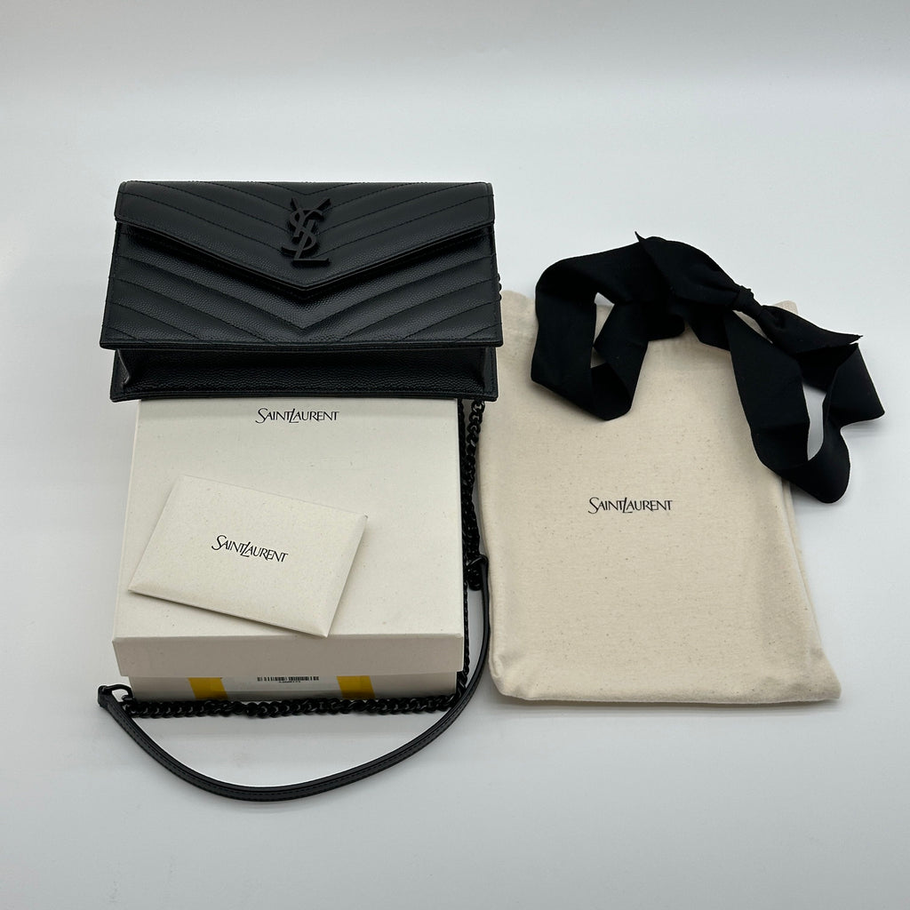 Saint Laurent Paris envelopes Leather Chain Wallet Black 695108