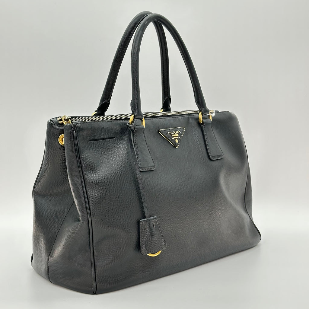 Prada Galleria Saffiano 2Way Handbag Shoulder Bag Black Gold