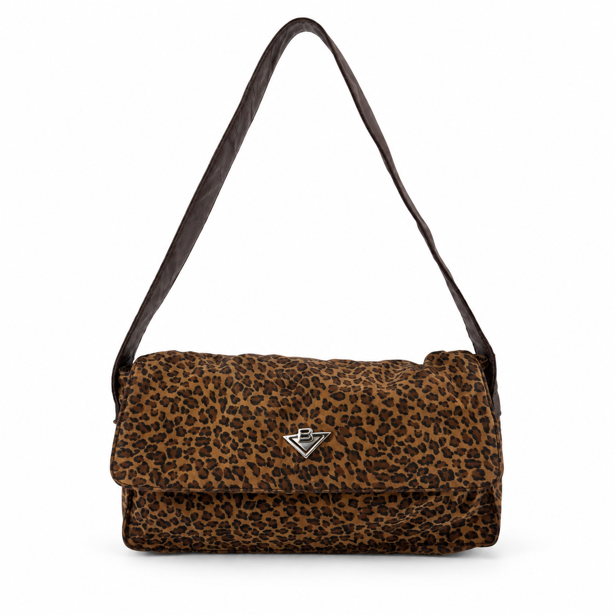 Bottega Veneta Vintage Leopard Print Triangle Logo Flap Shoulder Bag Brown