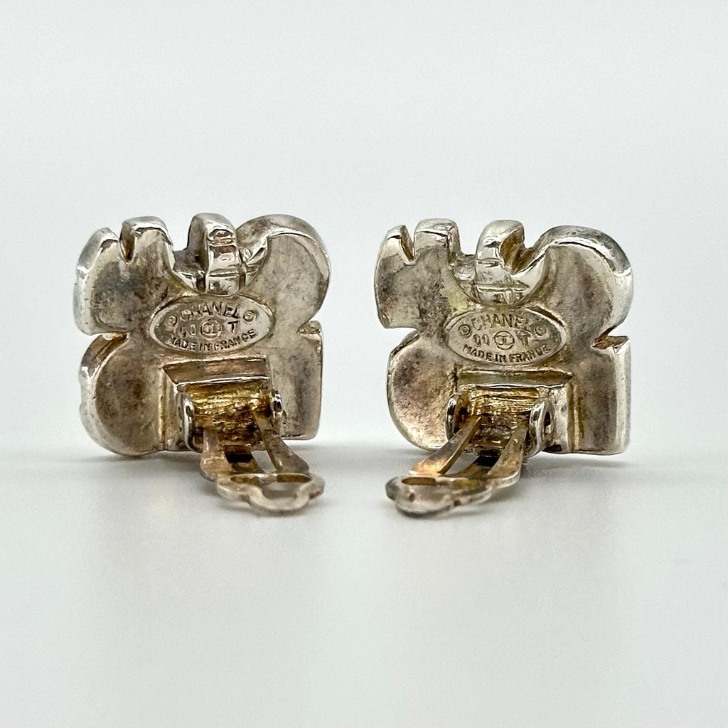 Chanel Earrings 00T Coco Mark Square Alphabet Logo, Silver & Beige