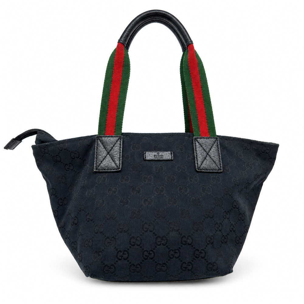 Gucci GG Canvas Leather Web Stripe Black Tote Bag