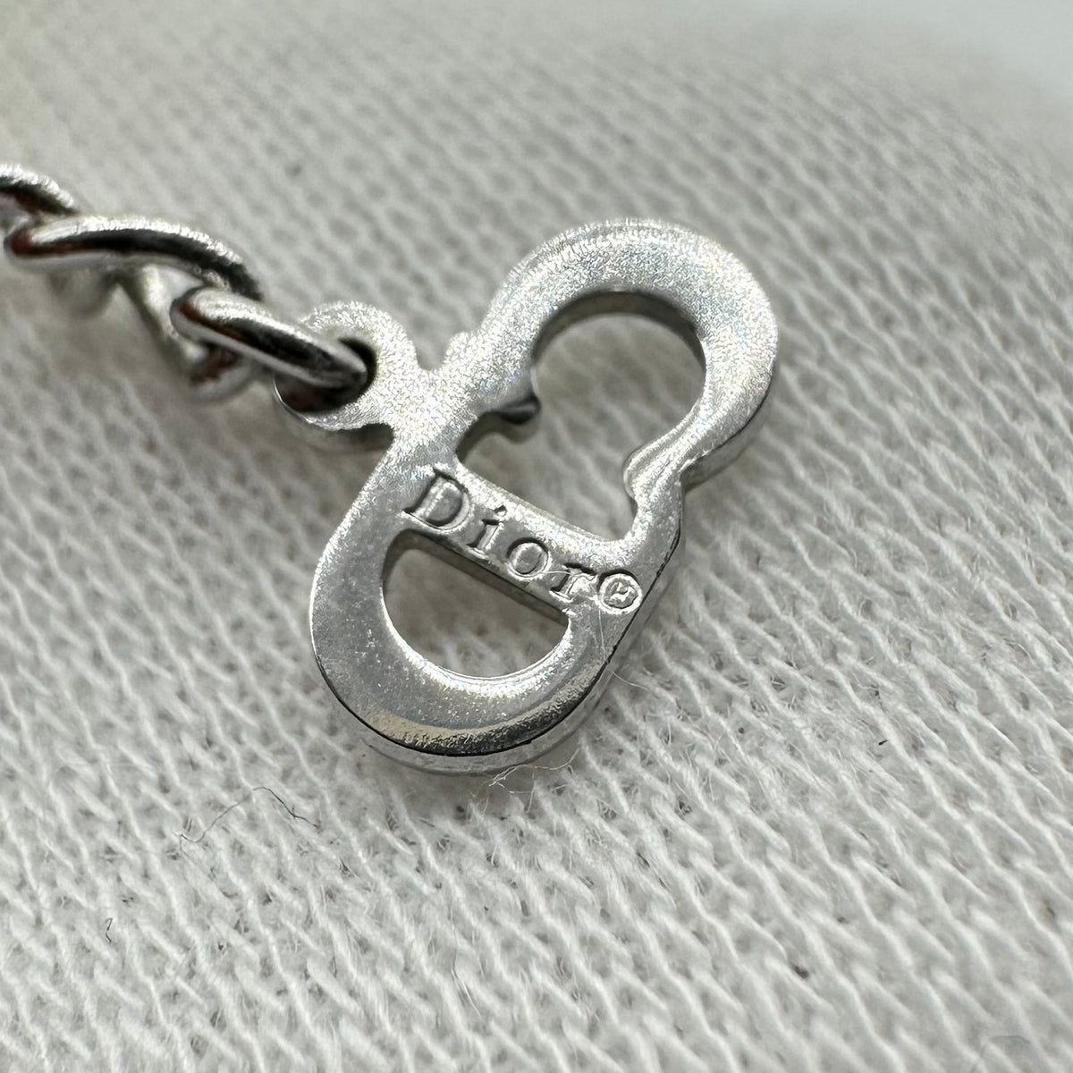 Christian Dior Logo Plate Necklace Silver Tone