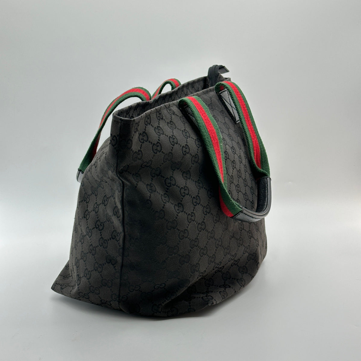 Gucci GG Canvas Leather Black Web Stripe Tote Bag