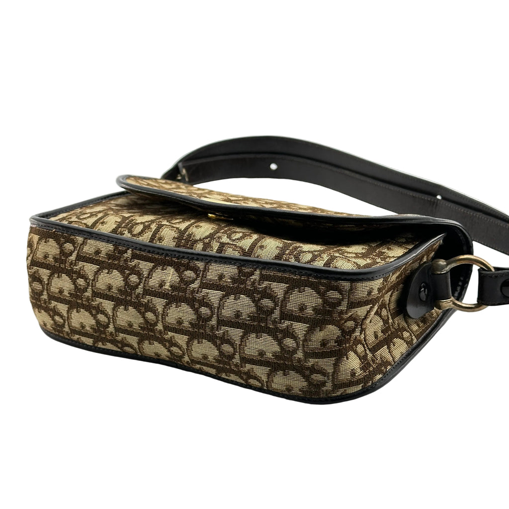 pre-owned christian dior trotter canvas shoulder bag beige gold