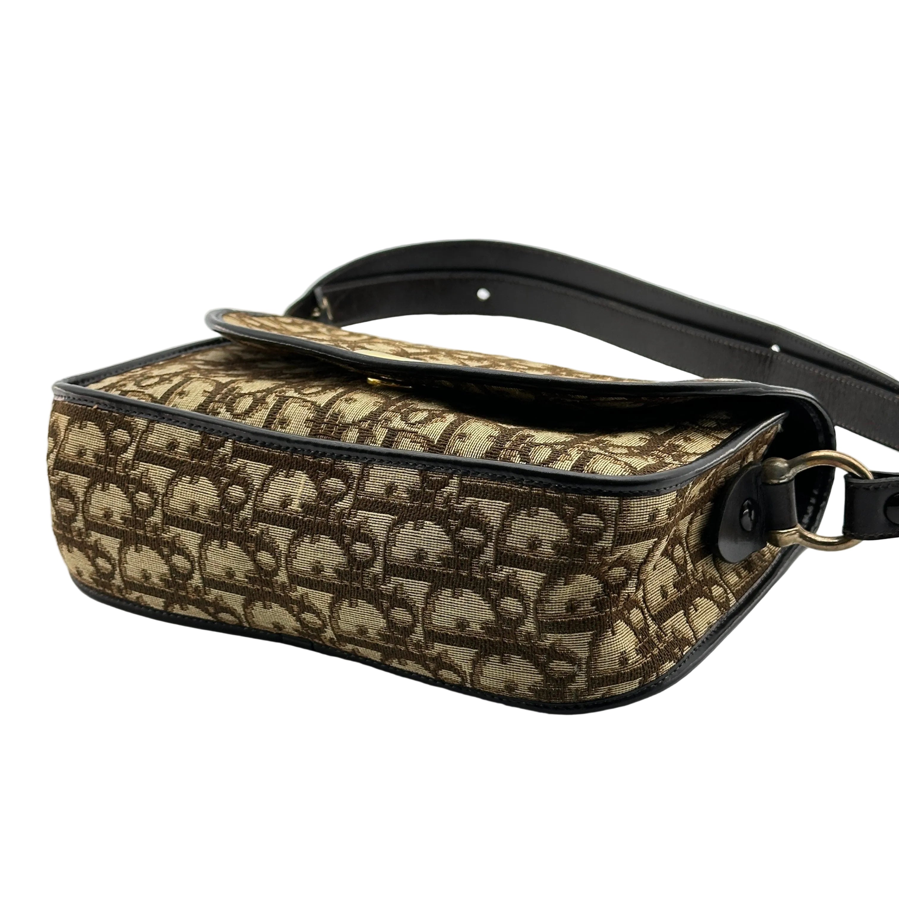 pre-owned christian dior trotter canvas shoulder bag beige gold