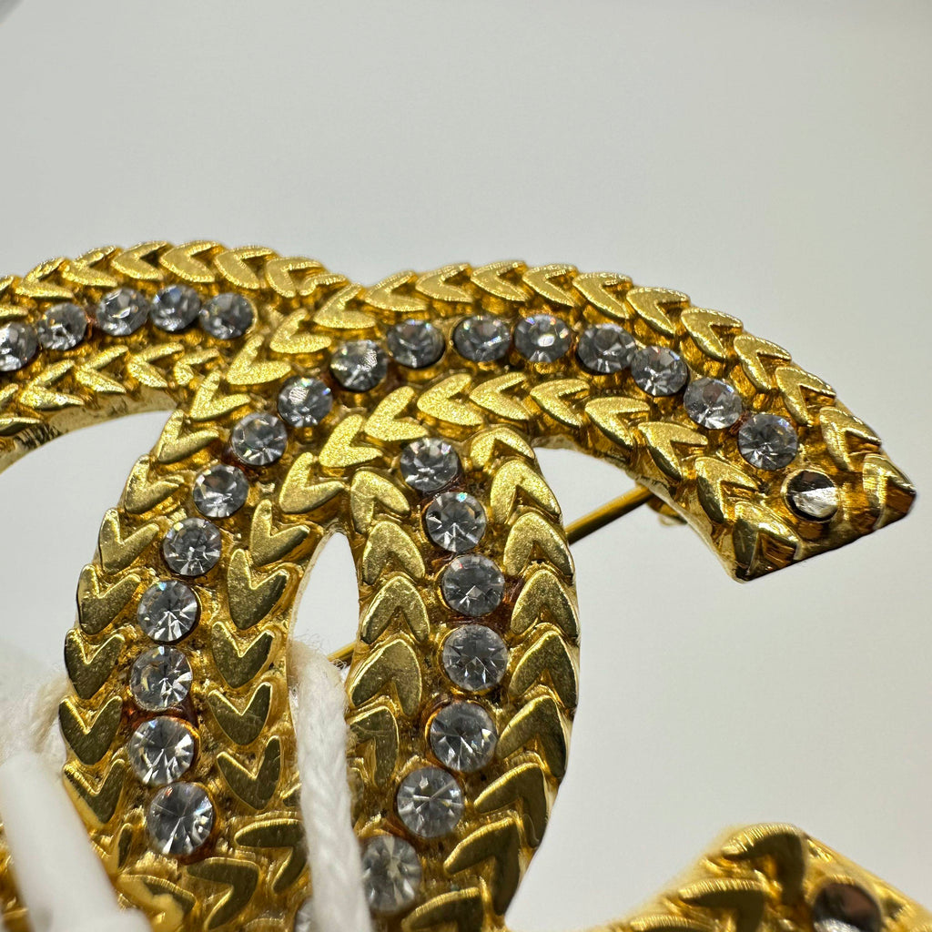 Chanel Gold Wheat Trim Rhinestone Double C Logo Brooch