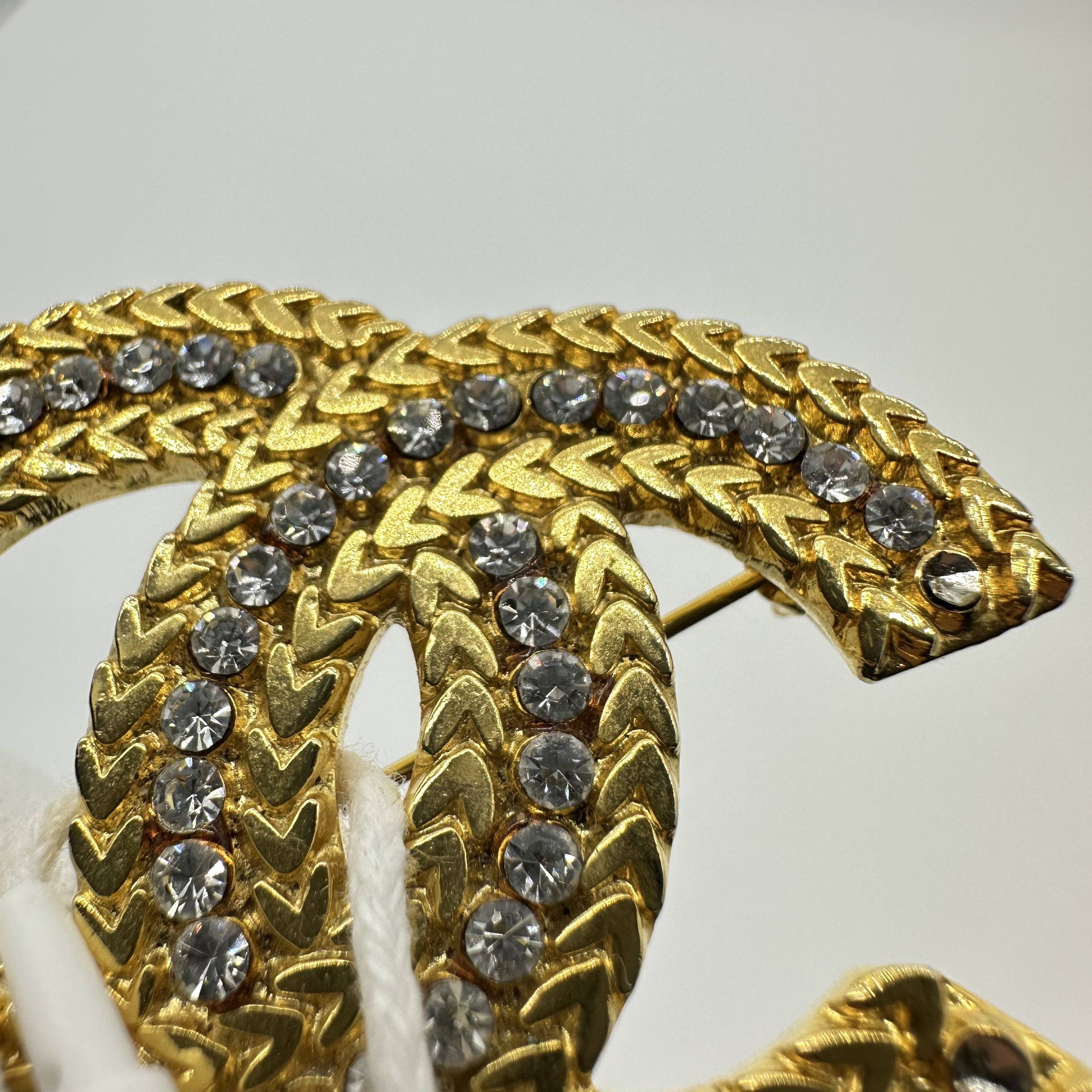 Chanel Gold Wheat Trim Rhinestone Double C Logo Brooch