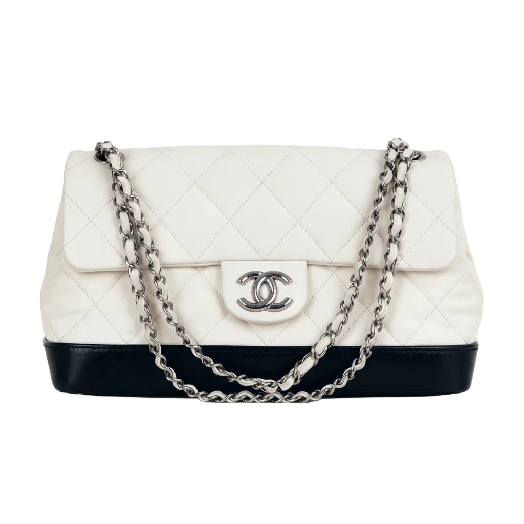 Chanel 马特拉塞翻盖包 白色×黑色 银色单肩斜挎包 14系列