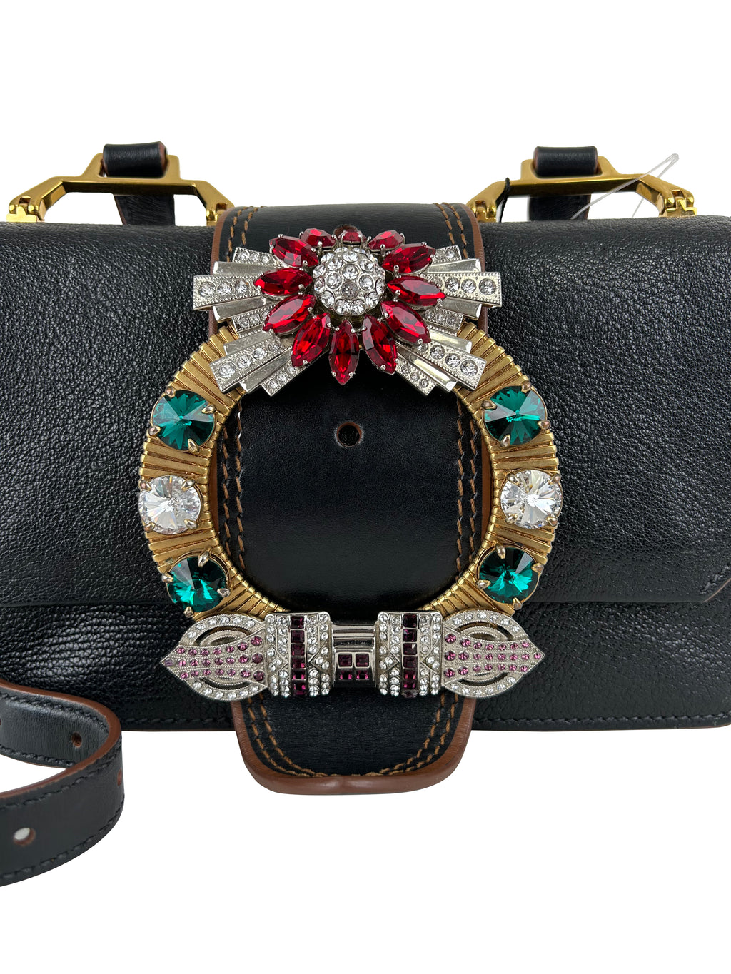MIUMIU Sac à bandoulière à rabat en cuir Madras noir orné de cristaux et boucle