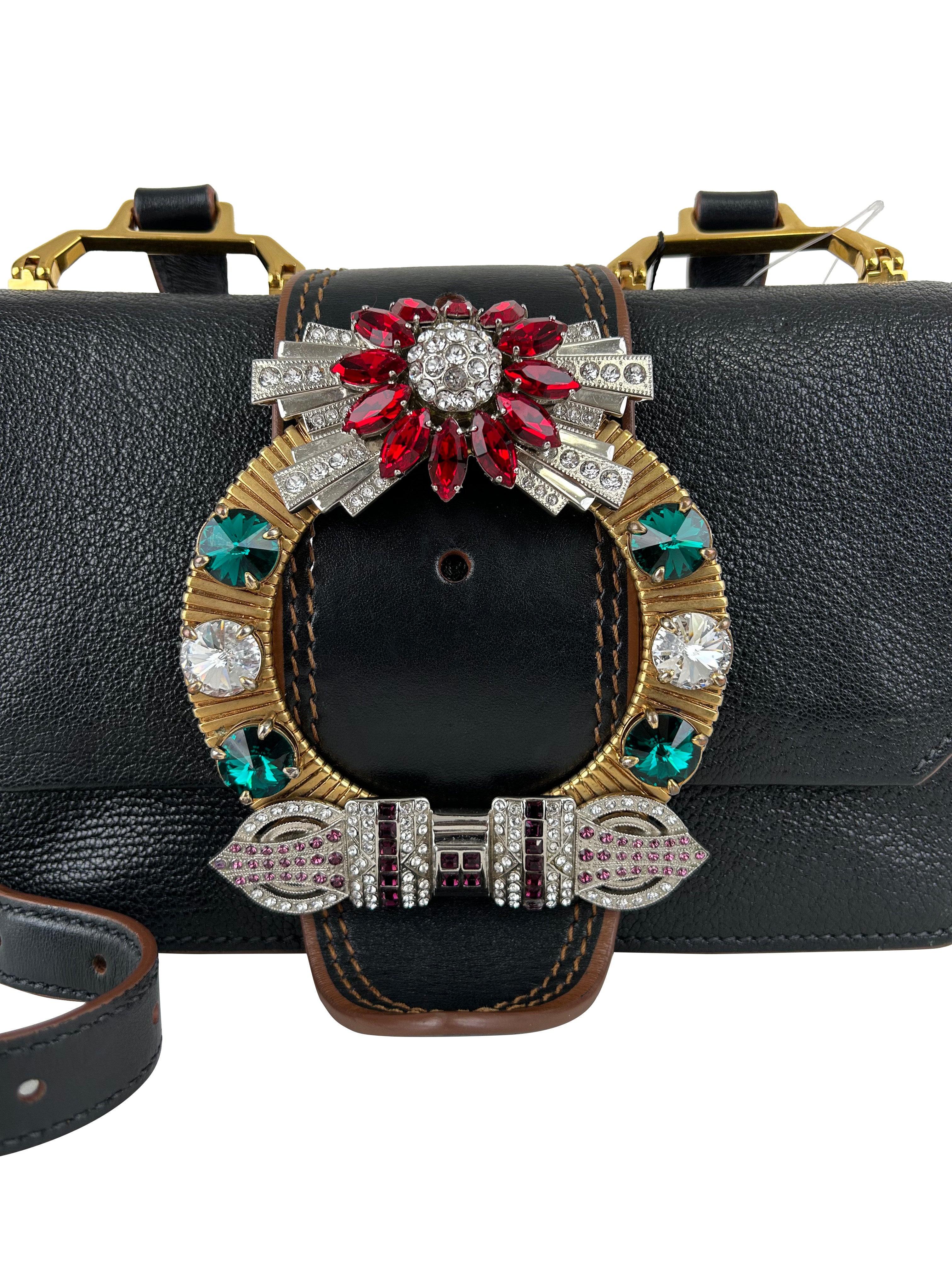MIUMIU Sac à bandoulière à rabat en cuir Madras noir orné de cristaux et boucle