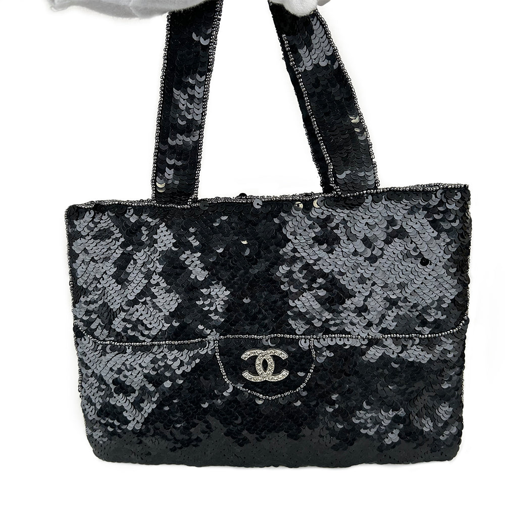 Chanel Coco Mark Metallic Black Sequin Tote Bag