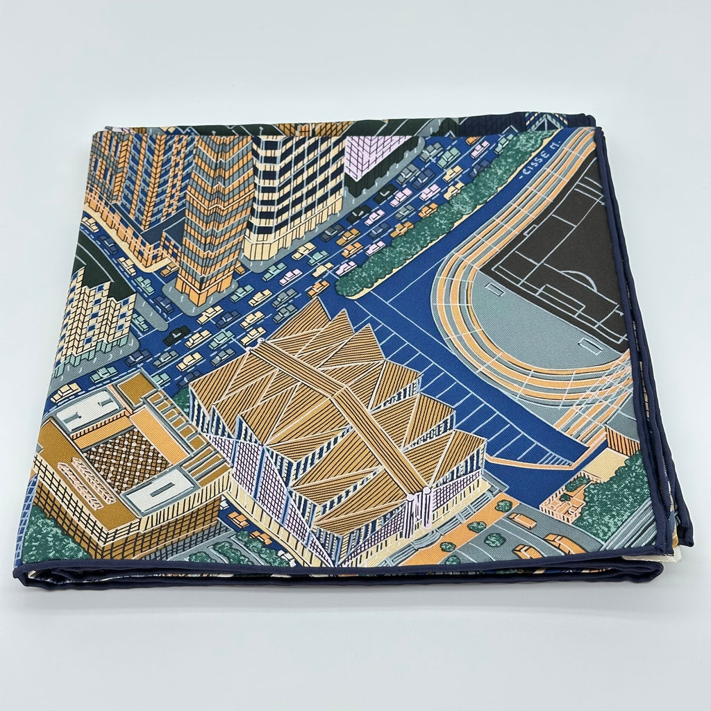 Hermès Carré 90 Pantin City Silk Scarf Navy