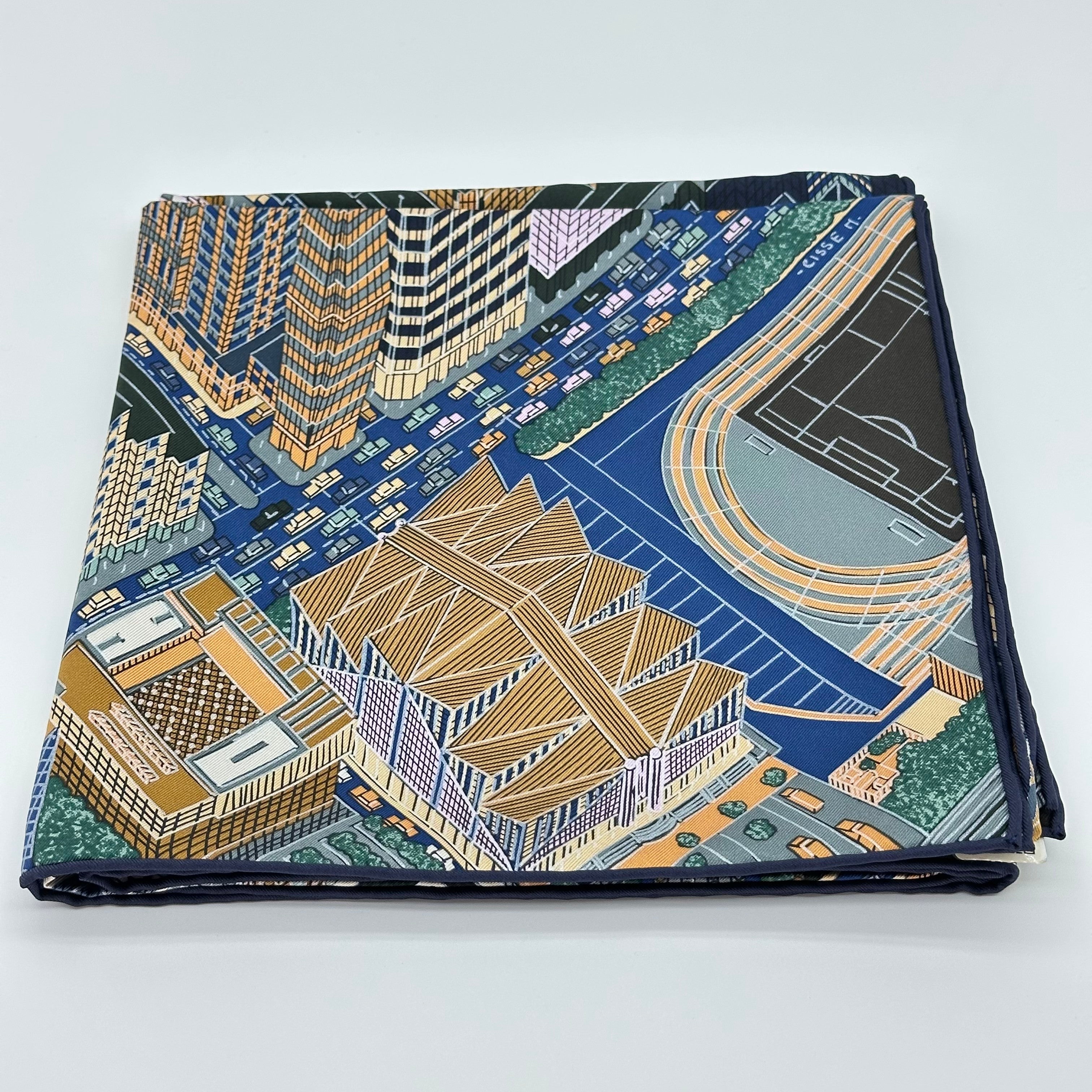 Hermès Carré 90 Pantin City Silk Scarf Navy