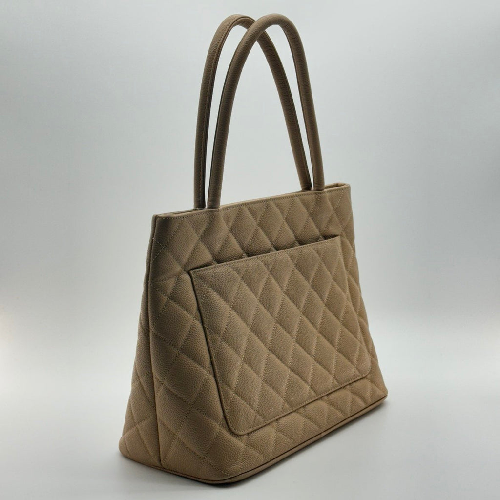 chanel beige quilted caviar leather medallion tote bag