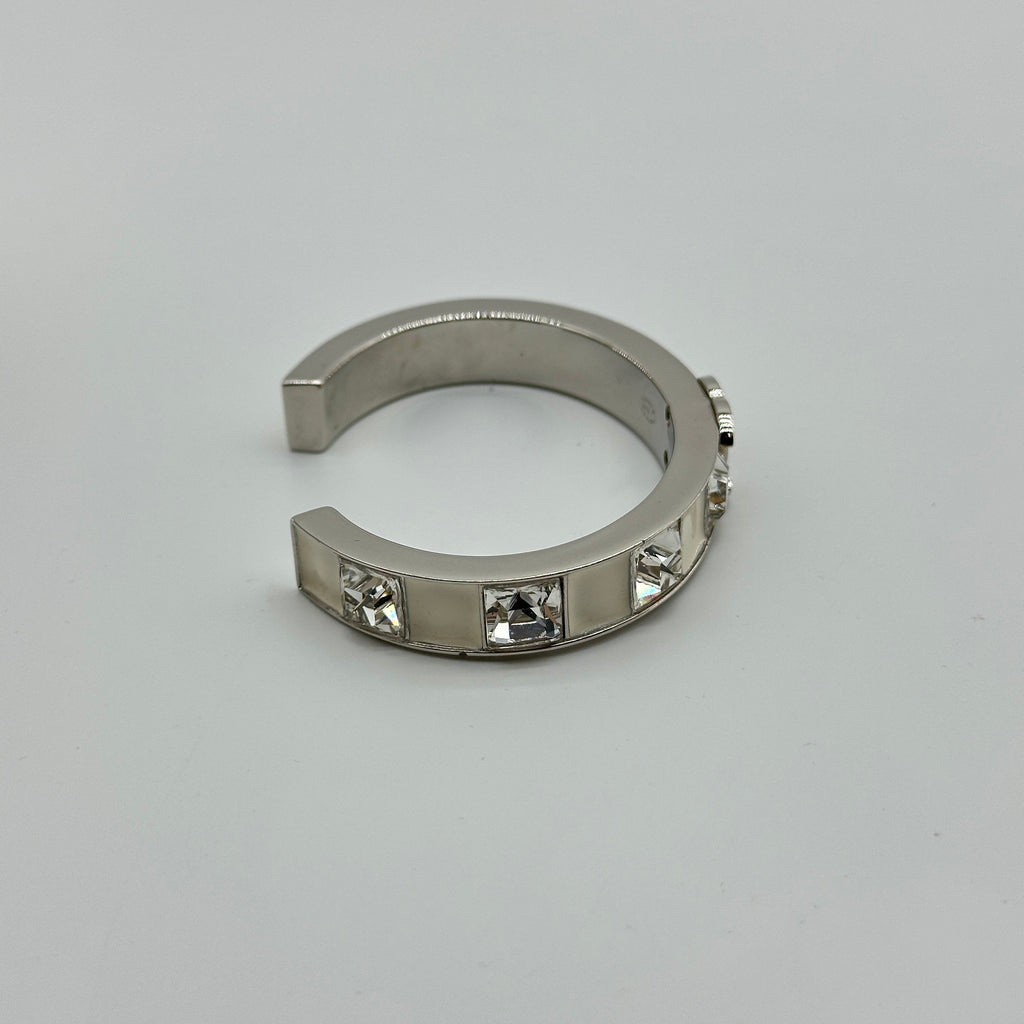 Chanel Silver White Enamel Crystal Coco Mark Bangle Bracelet
