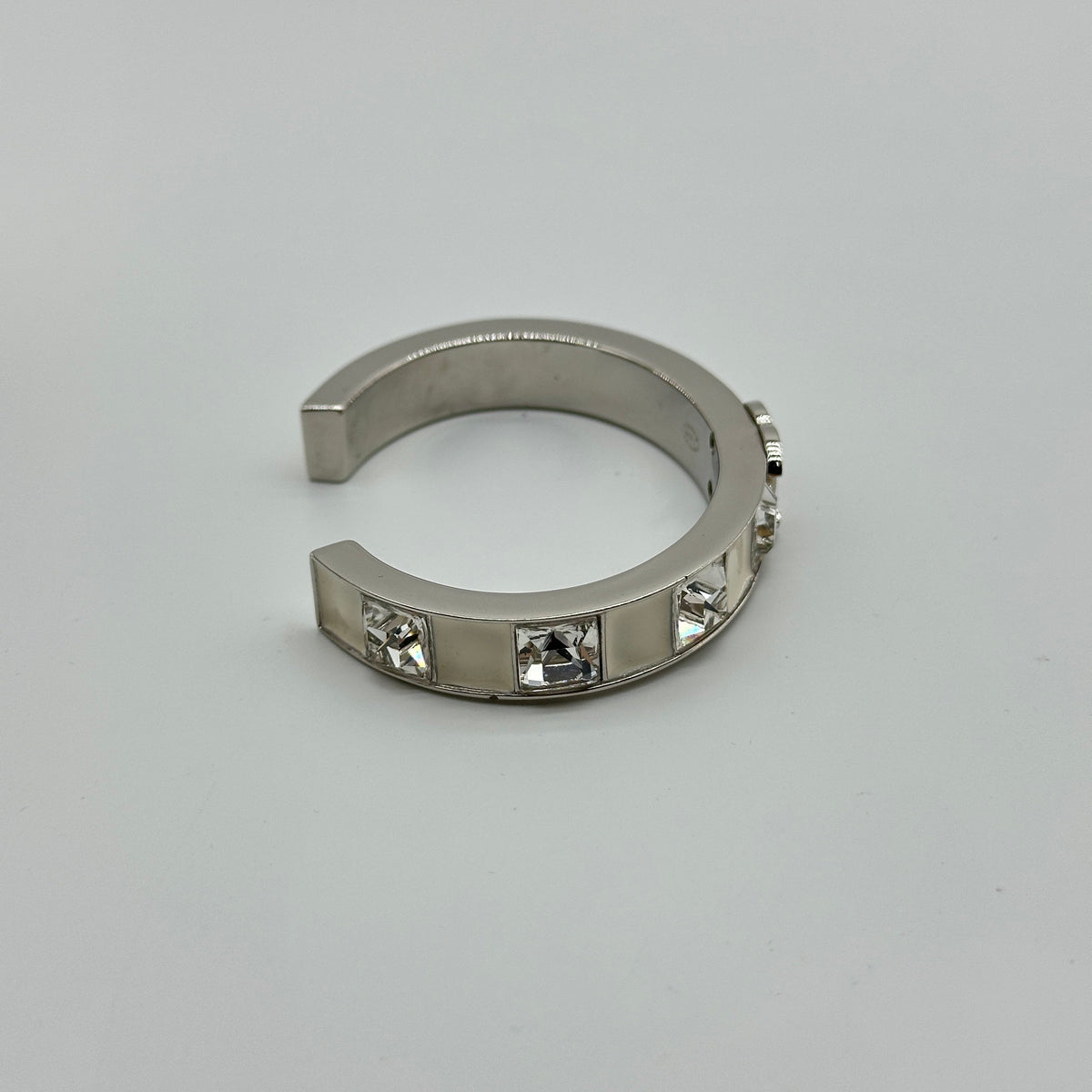 Chanel Silver White Enamel Crystal Coco Mark Bangle Bracelet