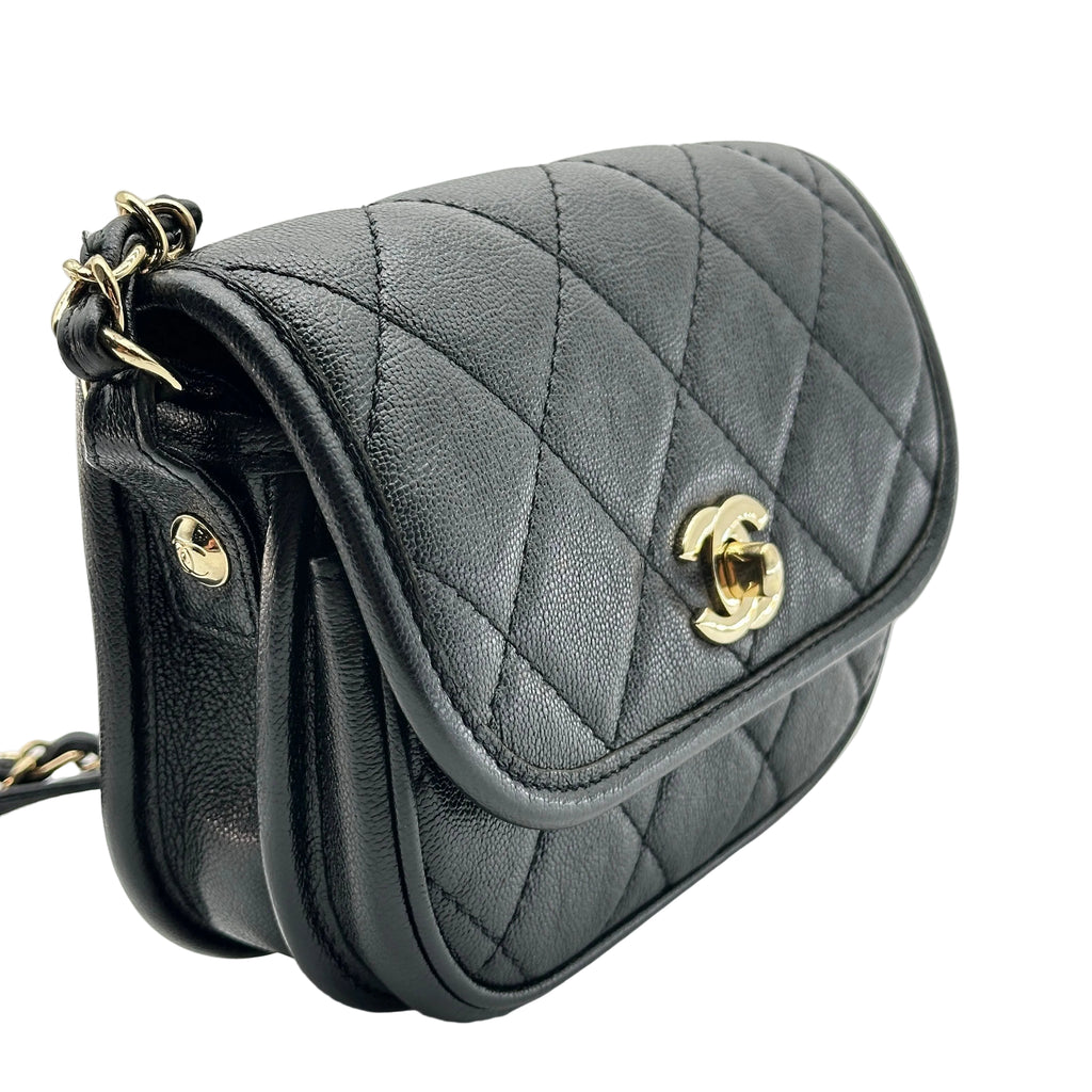 chanel black caviar quilted leather mini round messenger bag