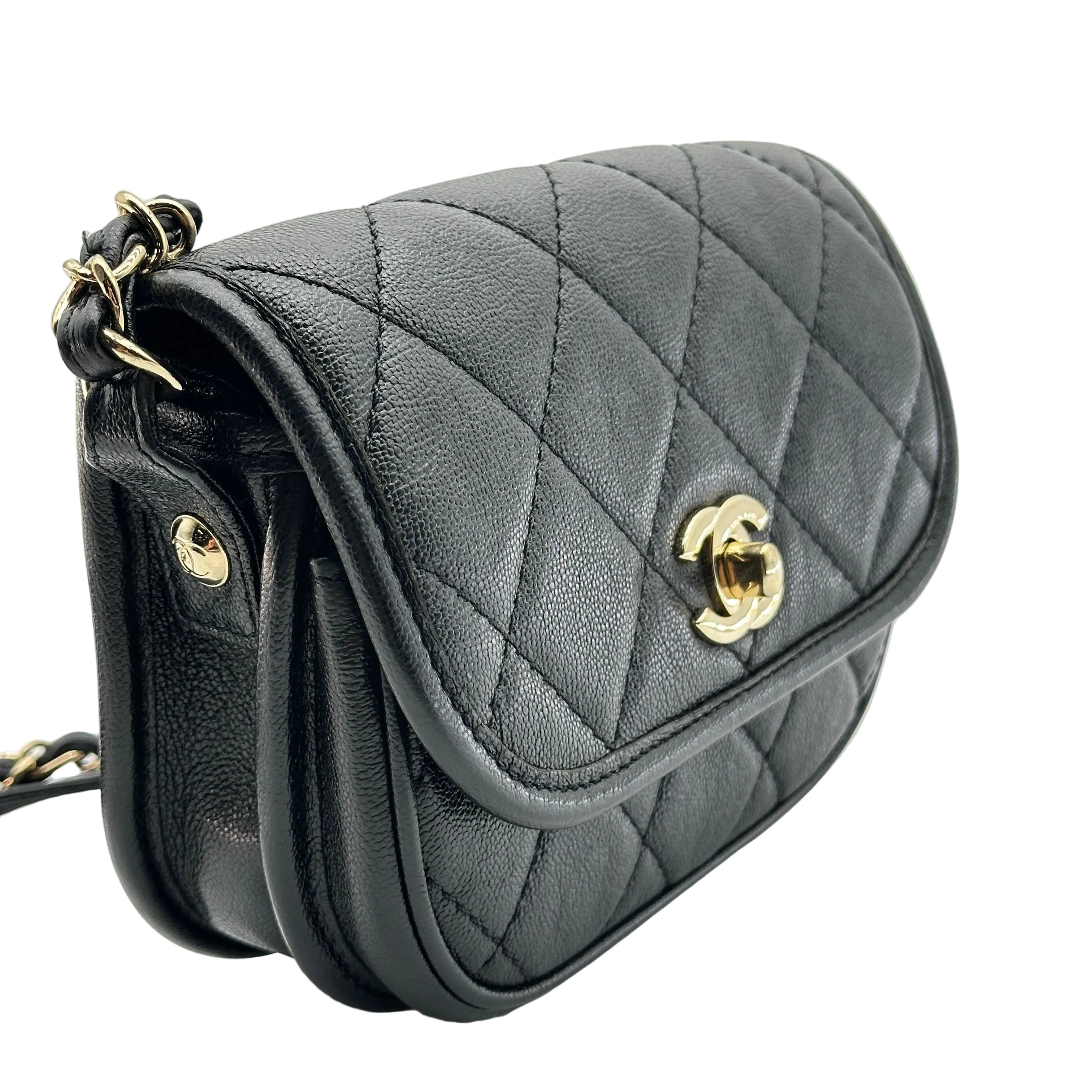chanel black caviar quilted leather mini round messenger bag