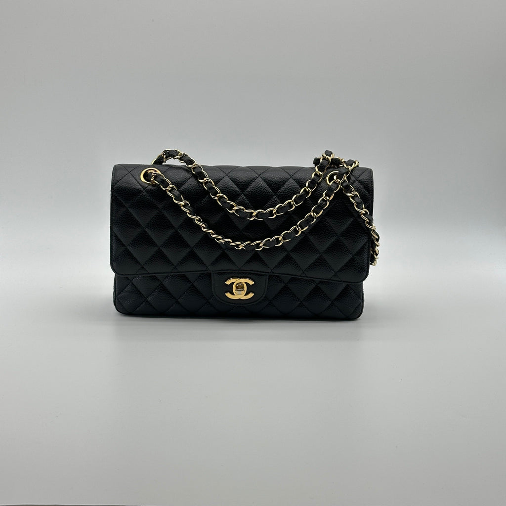 Chanel Matelasse 25 Caviar Skin Double Flap Double Chain Bag Black Gold Metal Fittings 26052533 26XXXXXX A01112