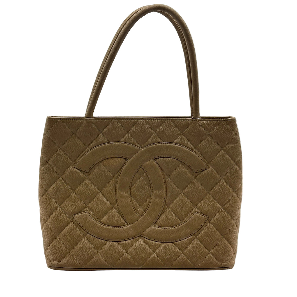 chanel beige quilted caviar leather medallion tote bag