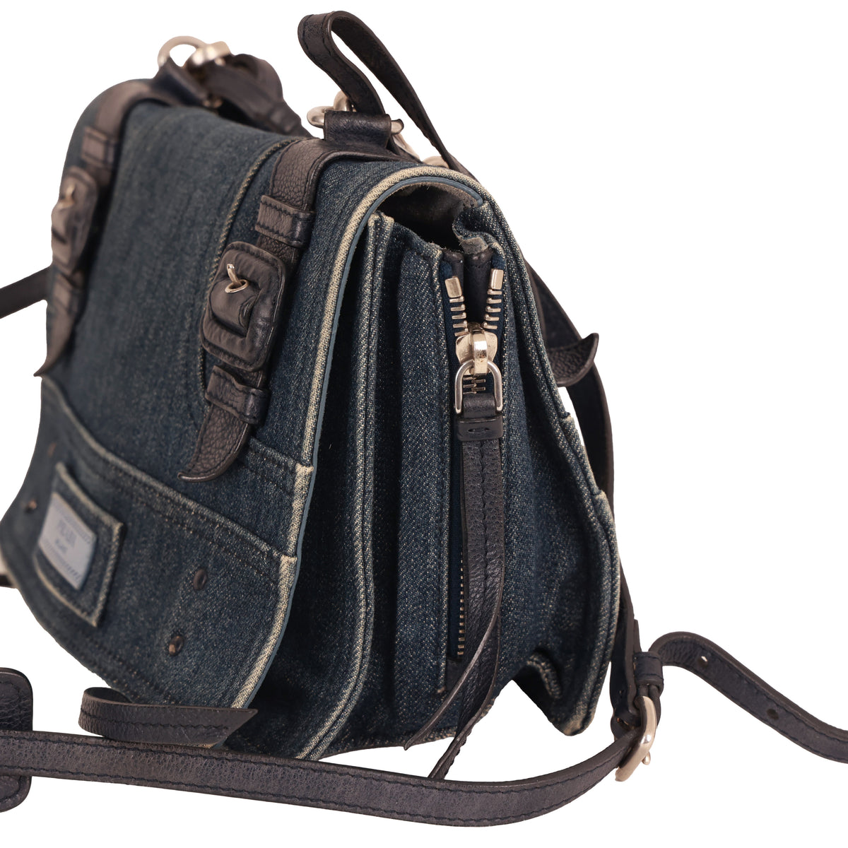 Prada 데님 가죽 숄더 크로스바디 백 더블 벨트 디테일