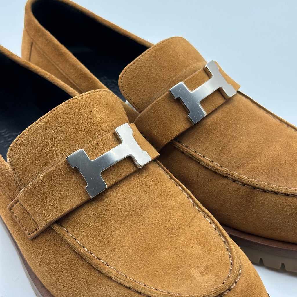 Hermès Suede Goatskin Faubourg Brown Loafers