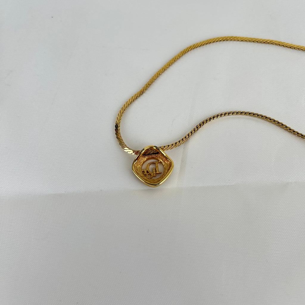Christian Dior Square Round Rhinestone Dior Logo Necklace Gold Tone