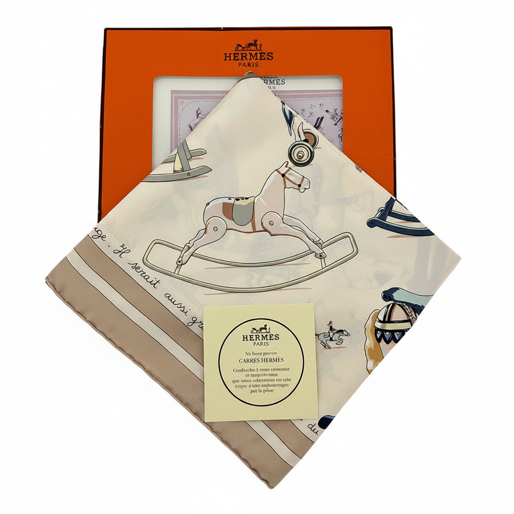Hermes Carré 90 Silk Scarf Wooden Horse Print With Tag