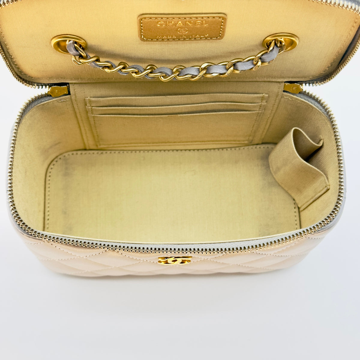Chanel Quilted Lambskin CC Vanity Case Mini Gray Chain Shoulder Bag