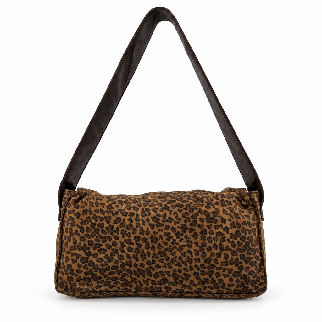 Bottega Veneta Vintage Leopard Print Triangle Logo Flap Shoulder Bag Brown