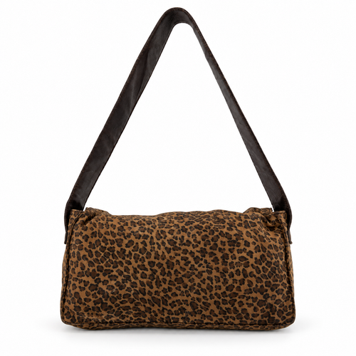 Bottega Veneta Vintage Leopard Print Triangle Logo Flap Shoulder Bag Brown