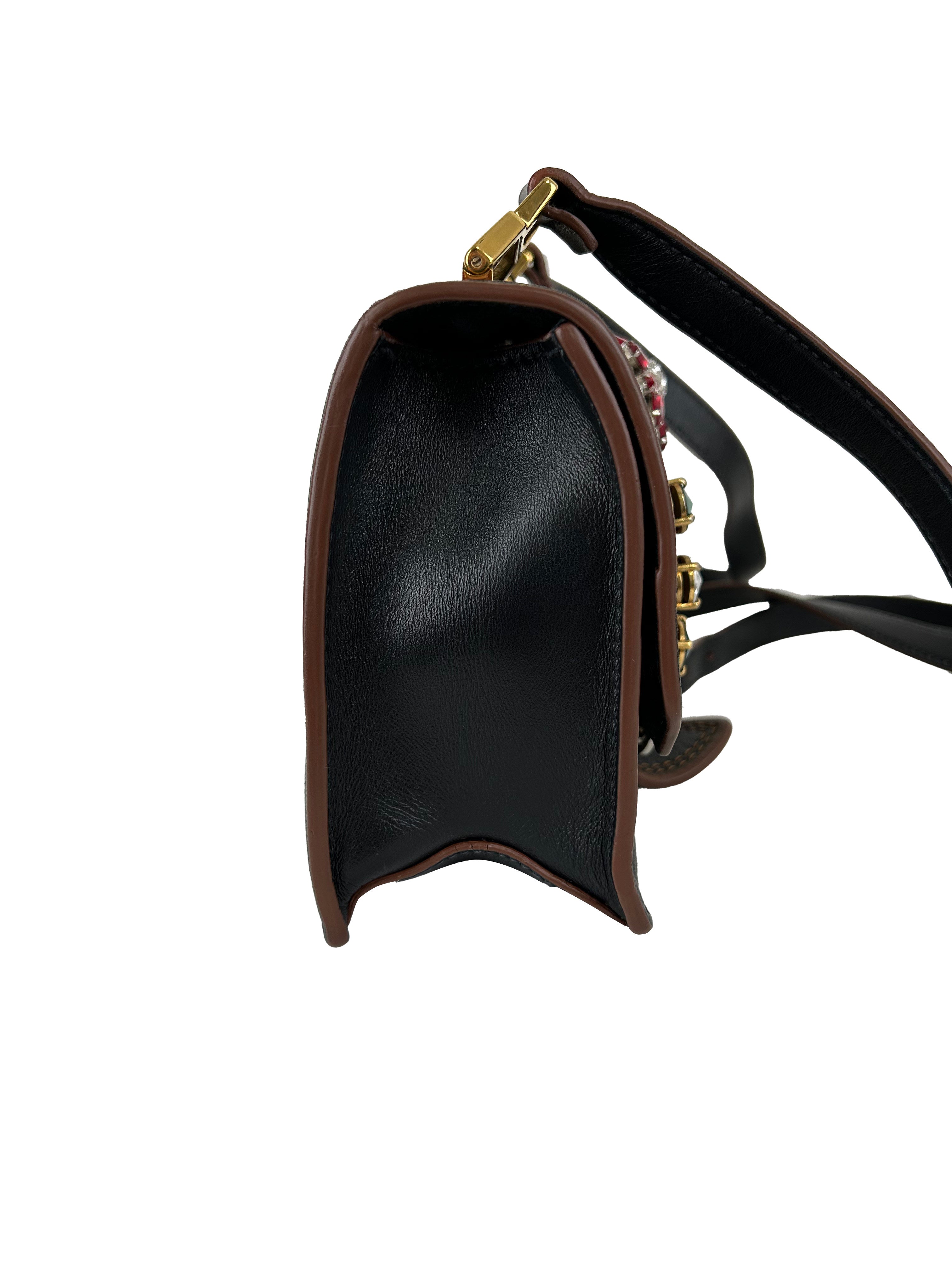 MIUMIU Sac à bandoulière à rabat en cuir Madras noir orné de cristaux et boucle