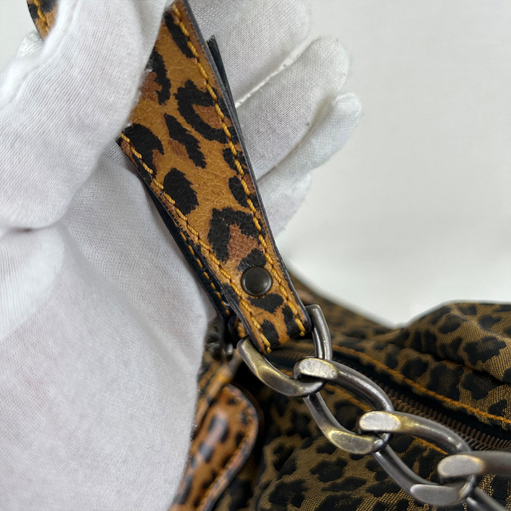 Fendi Leopard Print Canvas Shoulder Bag with Leather Chain Strap