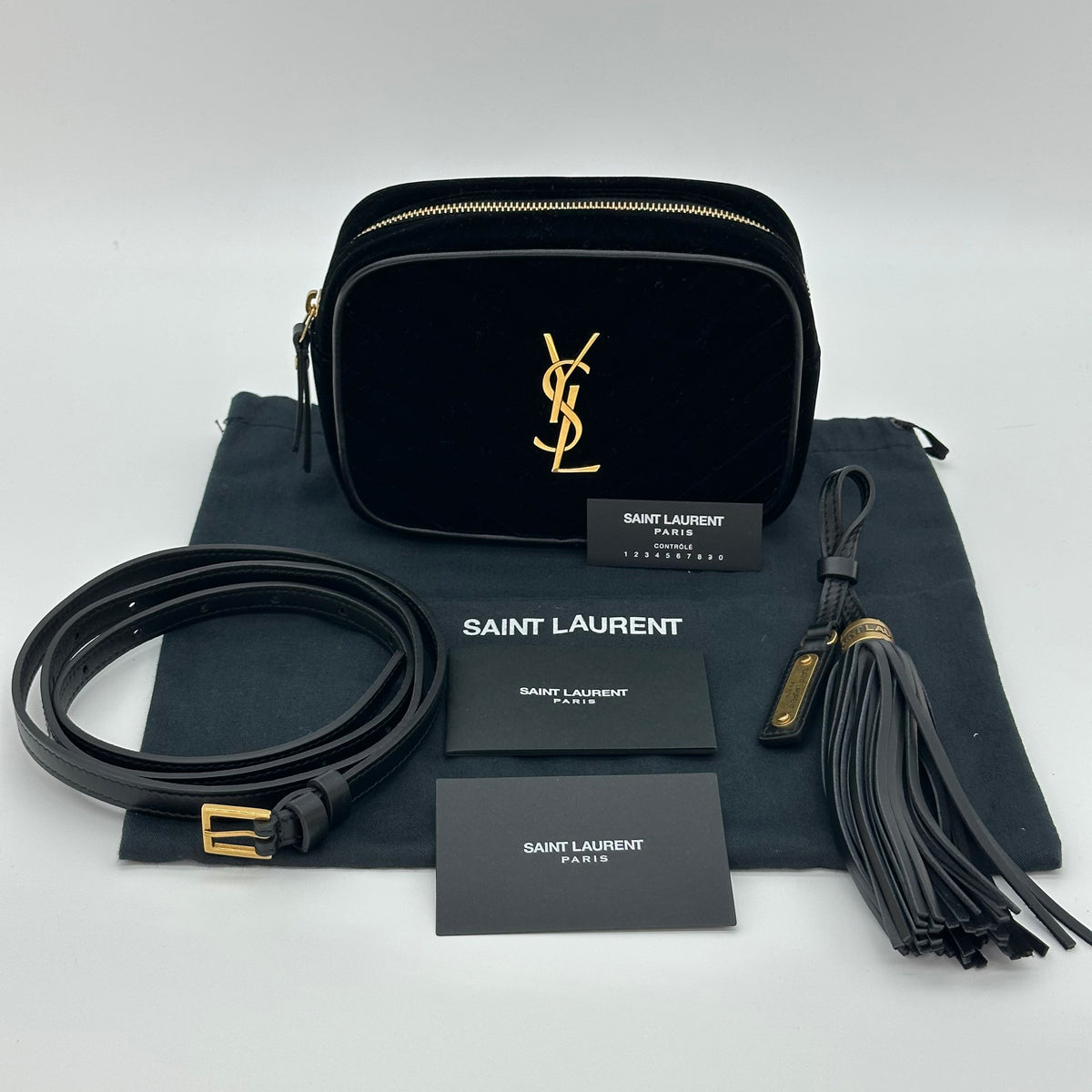 SAINT LAURENT PARIS Belt Bag V-Stitch Velvet Black Camera Bag