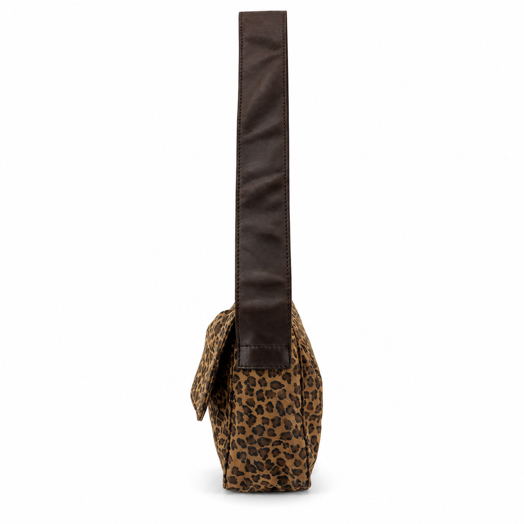 Bottega Veneta Vintage Leopard Print Triangle Logo Flap Shoulder Bag Brown